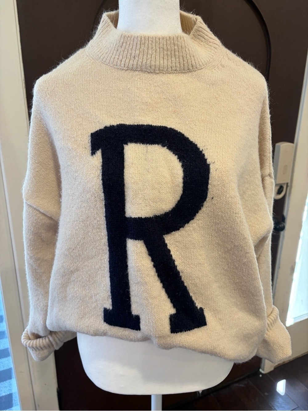 Cream Crewneck Sweater with Navy 'R' Graphic